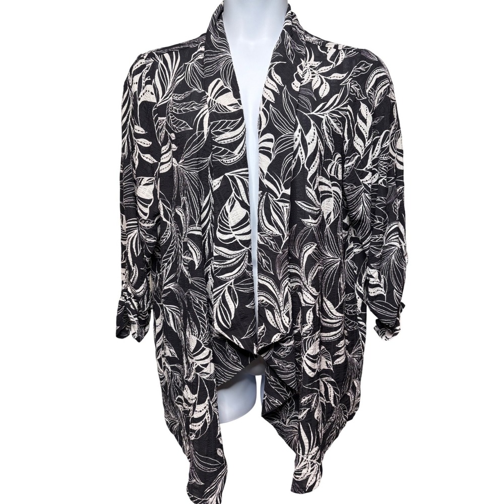 SUSAN GRAVER Womens Black White Leaf Open Front Draped Cardigan 1X Lightweight